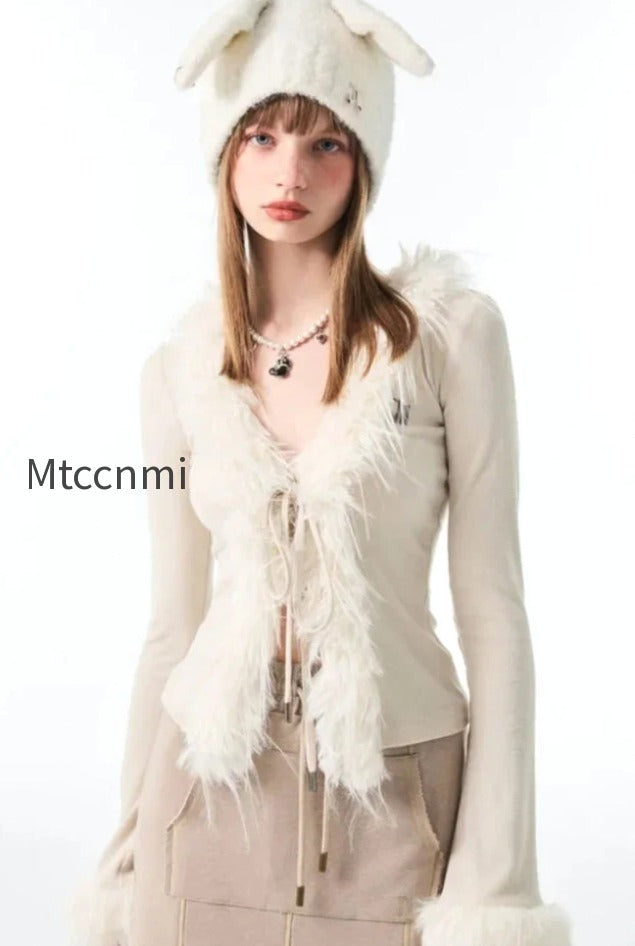 Lace-Up V Neck Plush Cardigan