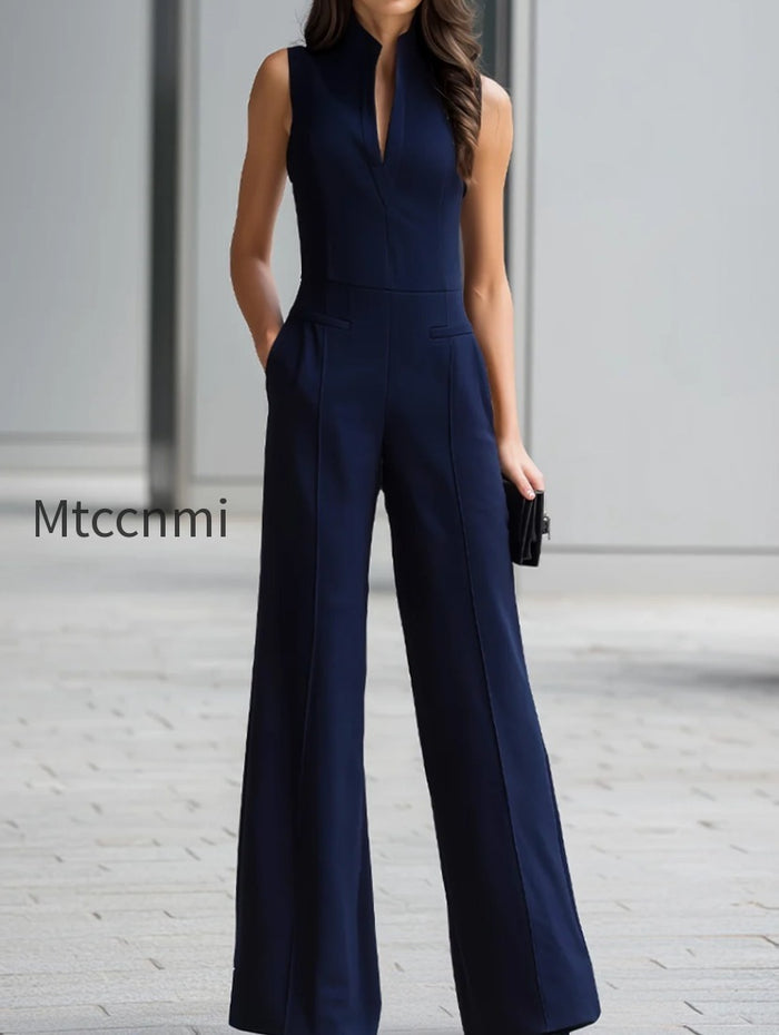 Navy Sleeveless Plunge-Neck Wide-Leg Jumpsuit