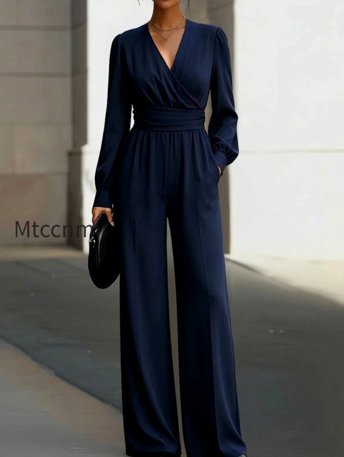 Draped V-Neck Long-Sleeve Wide-Leg Jumpsuit