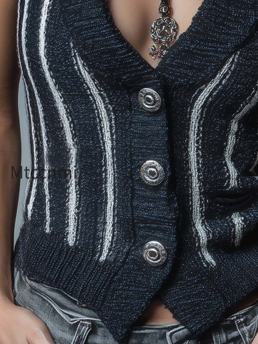 bohemian-style-navy-blue-contrast-striped-knitted-slim-vest