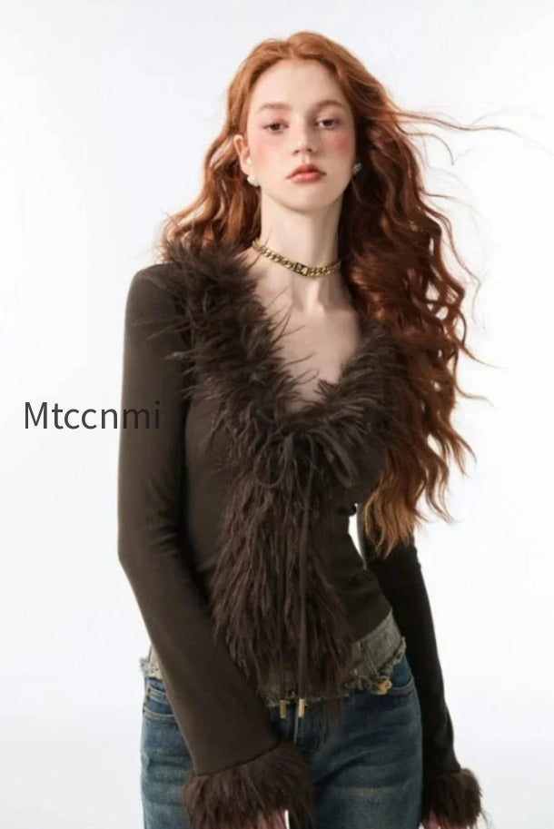 db-lace-up-v-neck-plush-cardigan