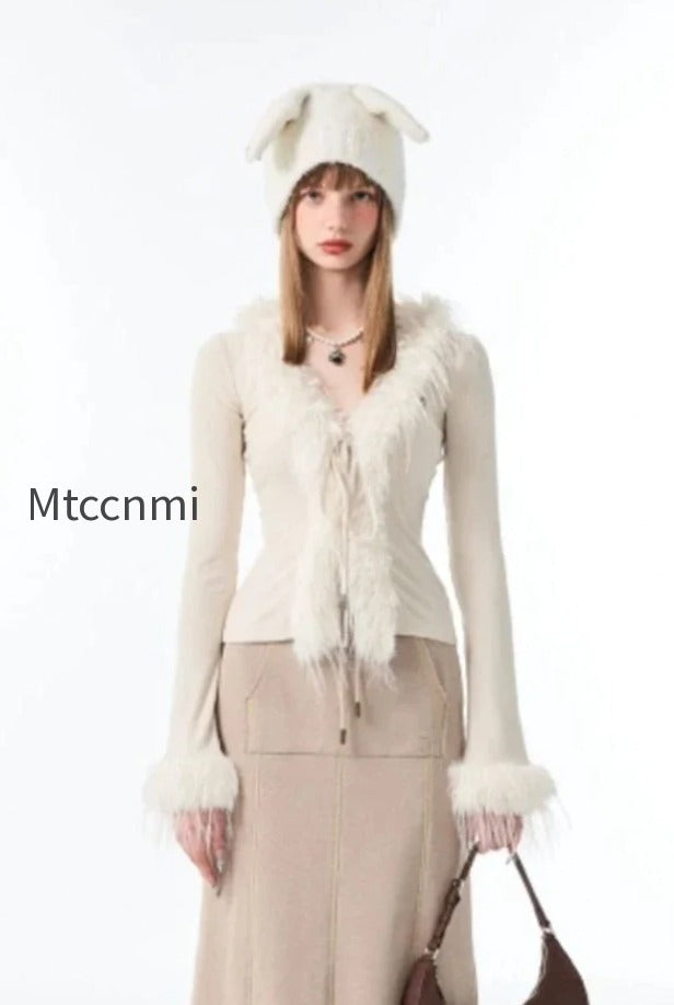 db-lace-up-v-neck-plush-cardigan