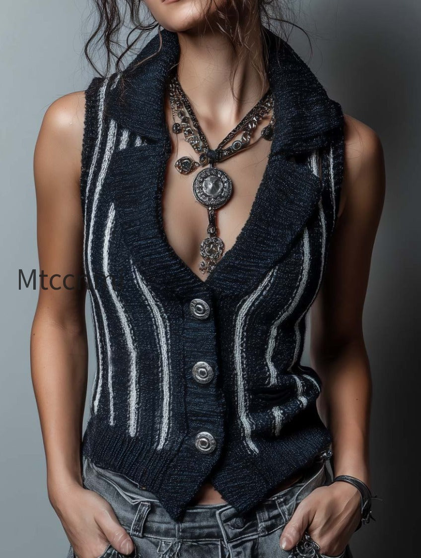 bohemian-style-navy-blue-contrast-striped-knitted-slim-vest