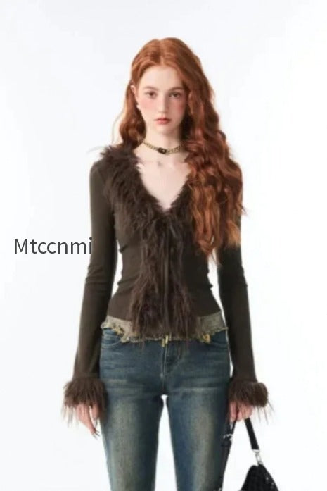 db-lace-up-v-neck-plush-cardigan