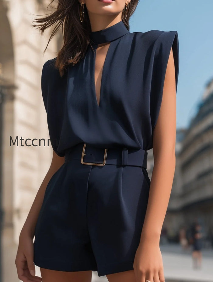 High-Neck Cutout Belted Tailored Romper