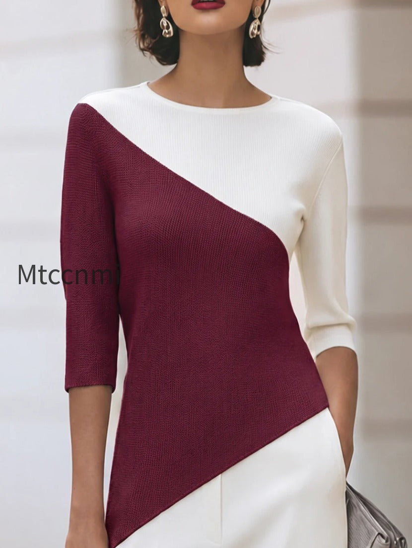 asymmetric-color-block-3-4-sleeve-knit-top