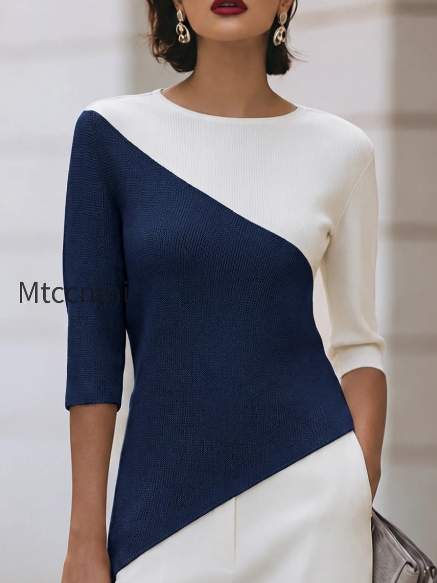 asymmetric-color-block-3-4-sleeve-knit-top