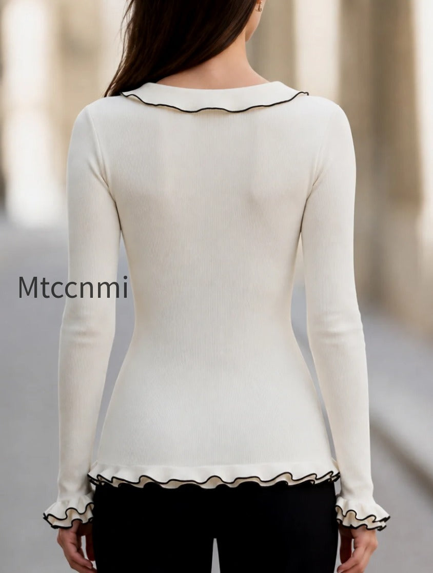 contrast-ruffle-v-neck-knit-top