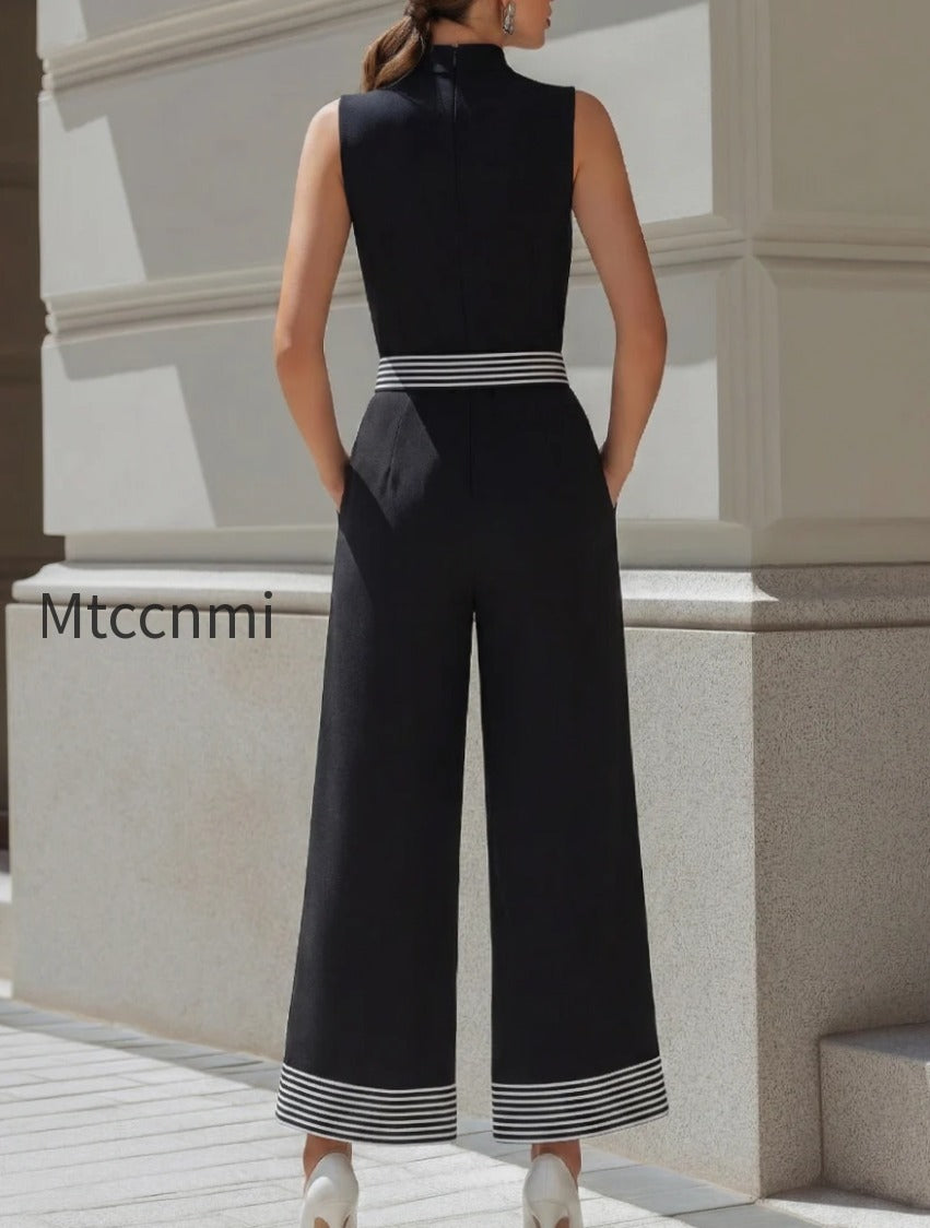 high-neck-contrast-stripe-belted-wide-leg-jumpsuit