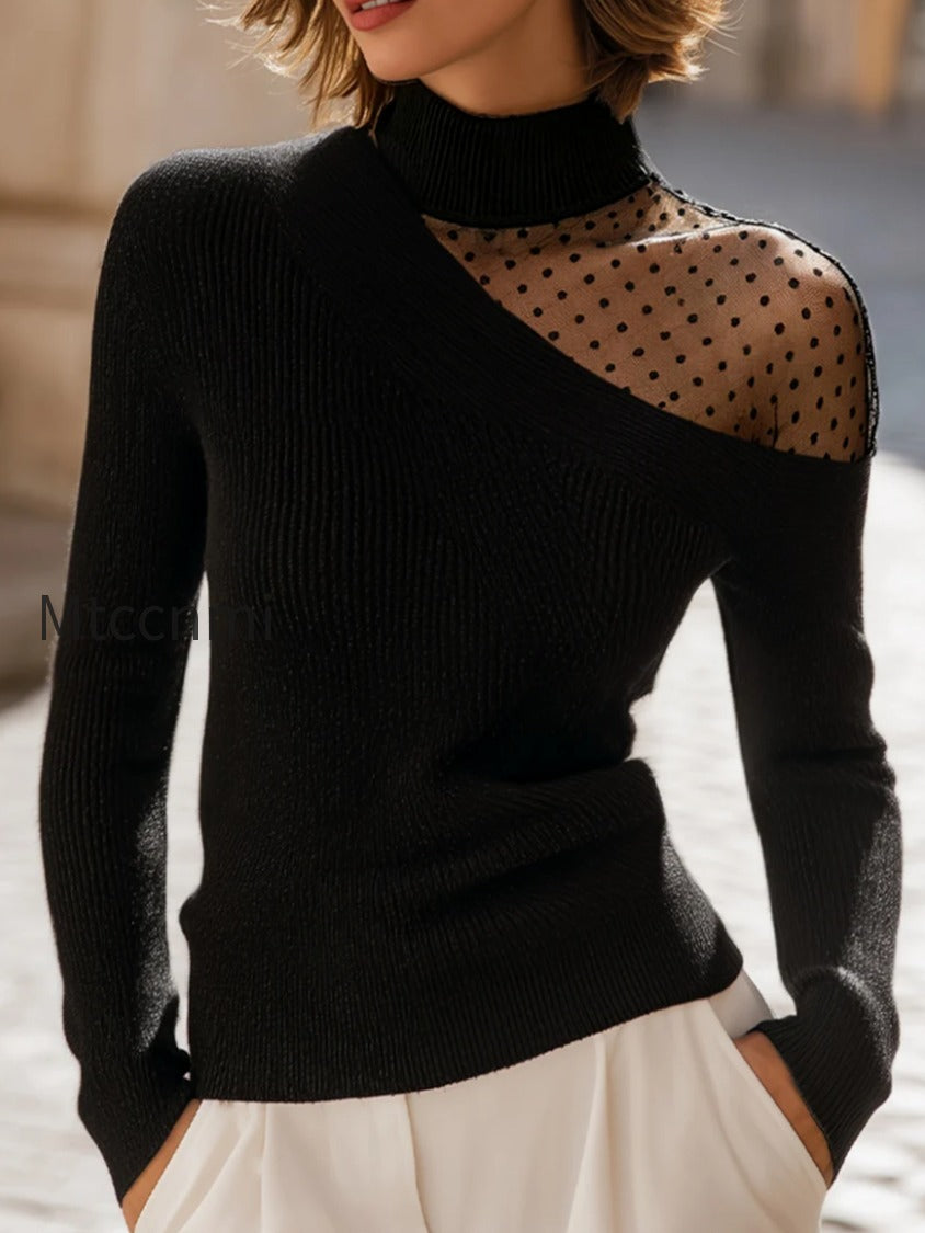 asymmetrical-mesh-sheer-polka-dot-mock-neck-sweater
