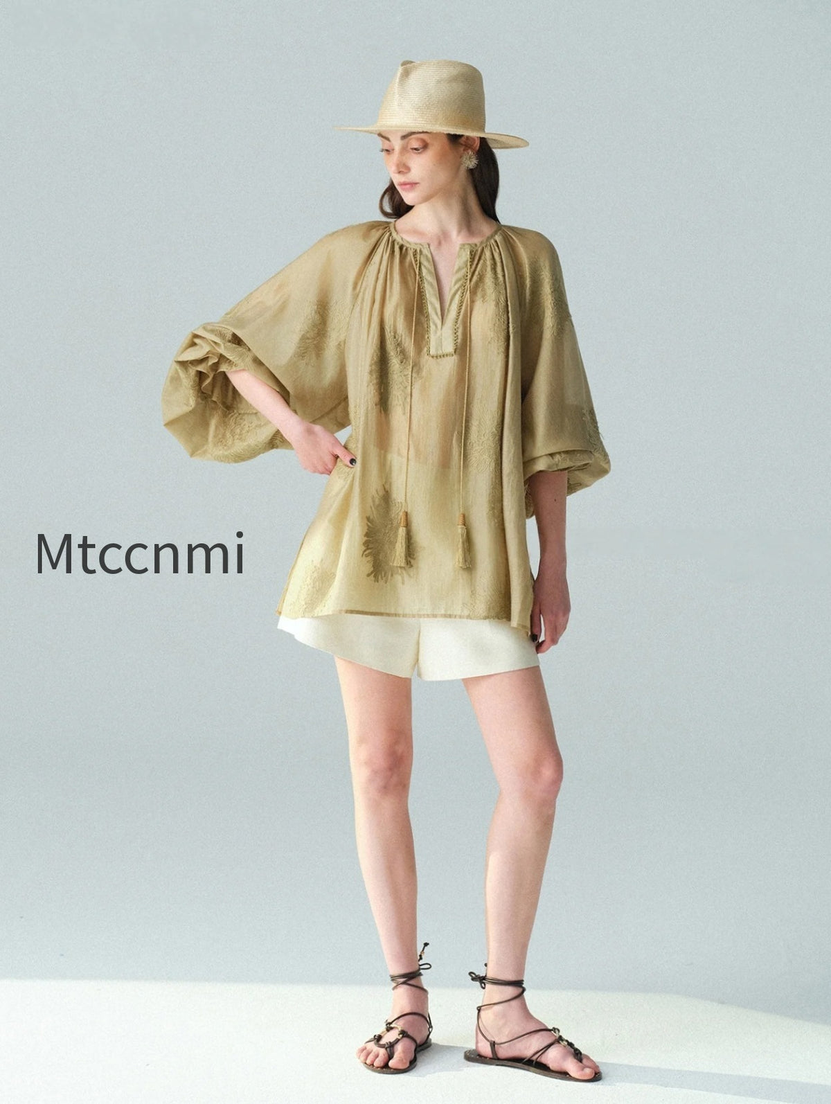 heavy-embroidered-lyocell-v-neck-blouse-lantern-sleeve-tassel-top