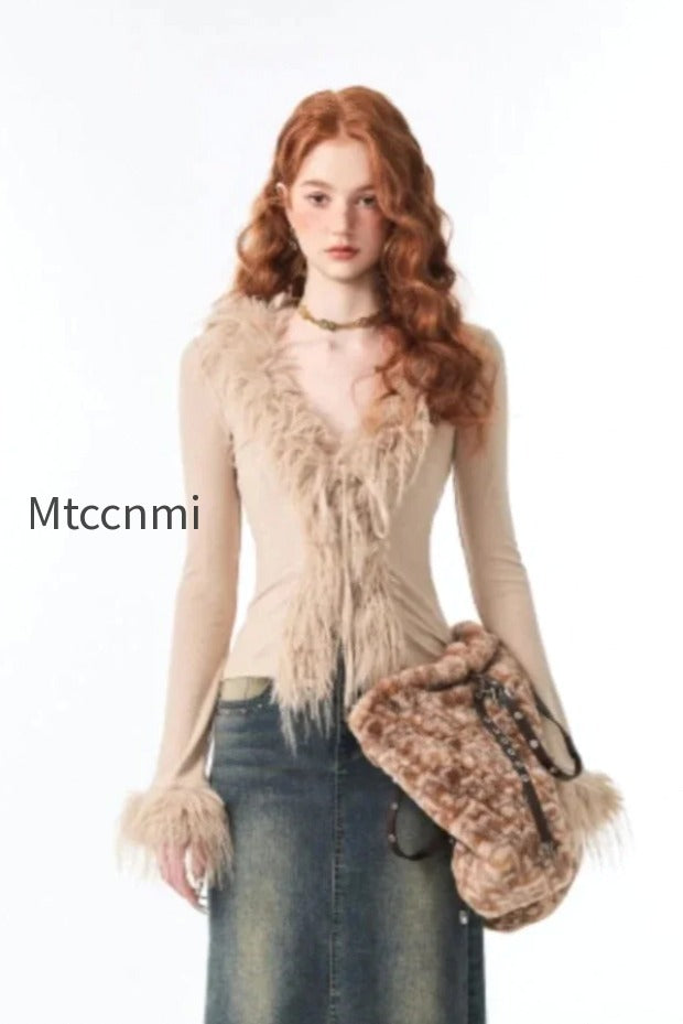 db-lace-up-v-neck-plush-cardigan