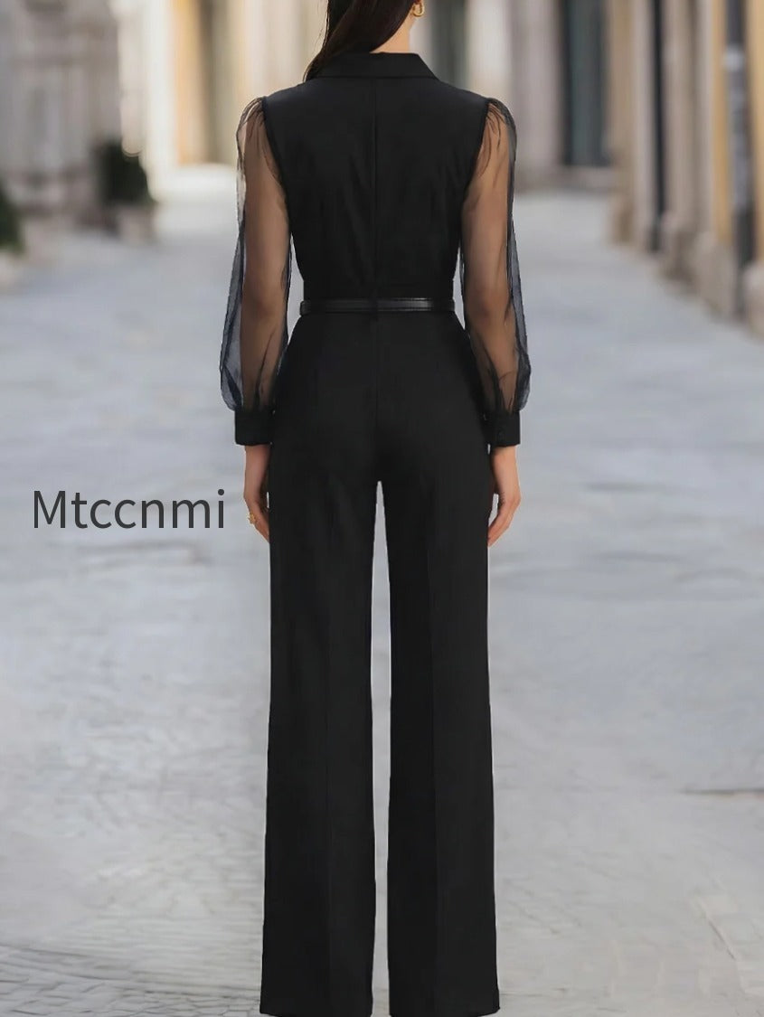 button-front-sheer-sleeve-tailored-wide-leg-jumpsuit