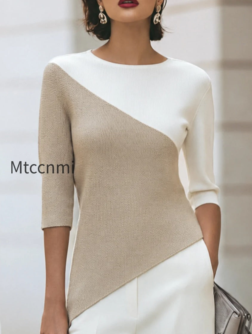 asymmetric-color-block-3-4-sleeve-knit-top