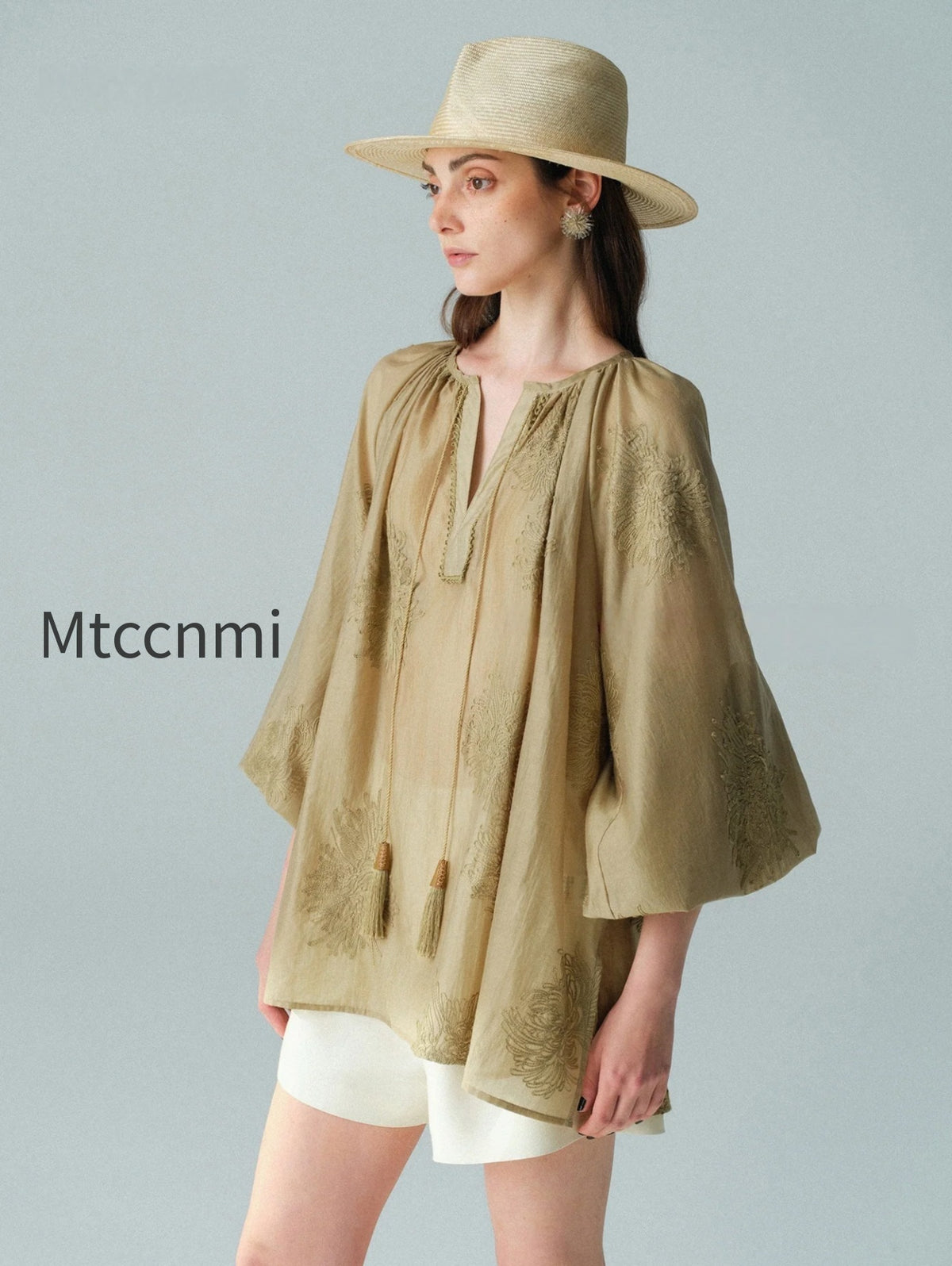 heavy-embroidered-lyocell-v-neck-blouse-lantern-sleeve-tassel-top