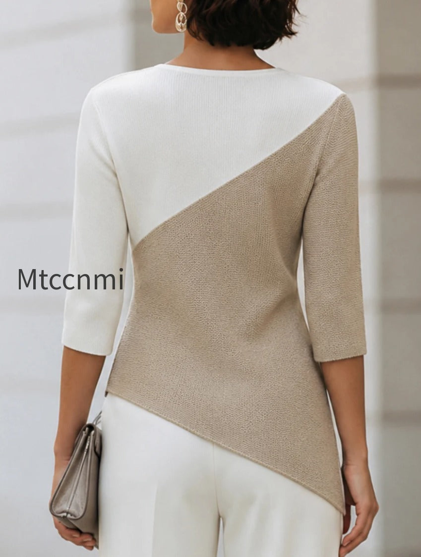asymmetric-color-block-3-4-sleeve-knit-top