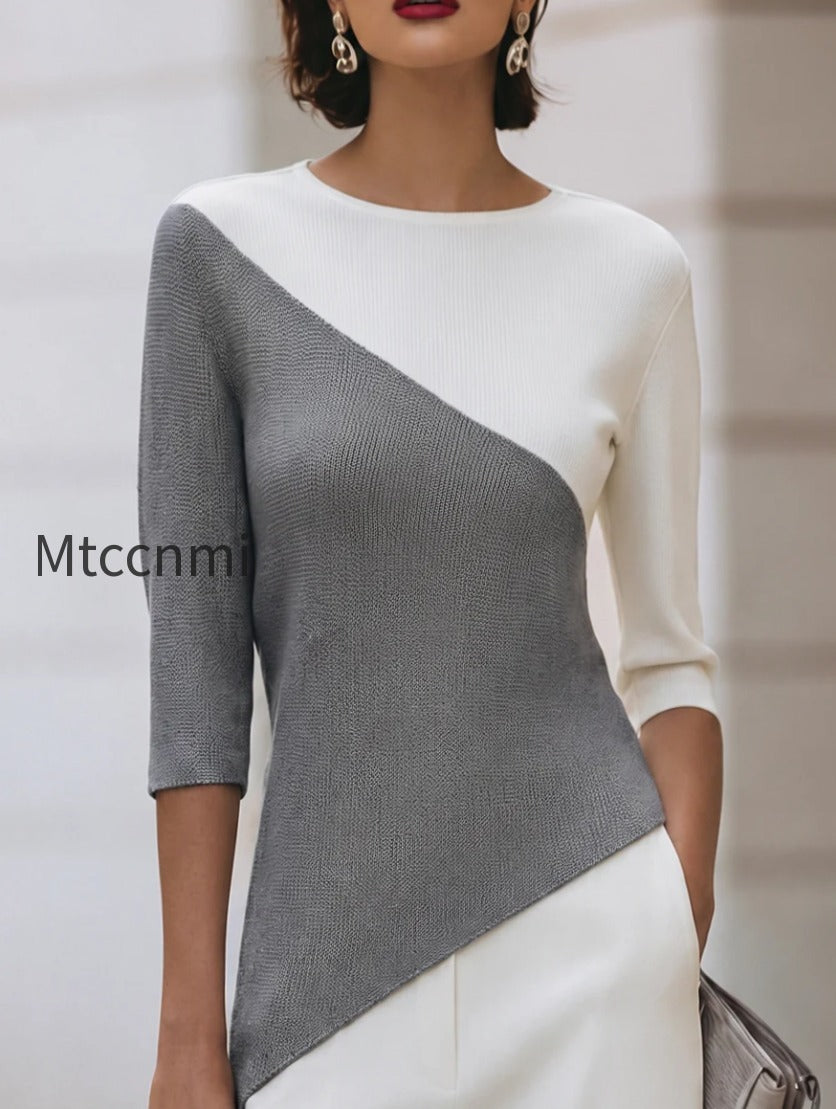 asymmetric-color-block-3-4-sleeve-knit-top