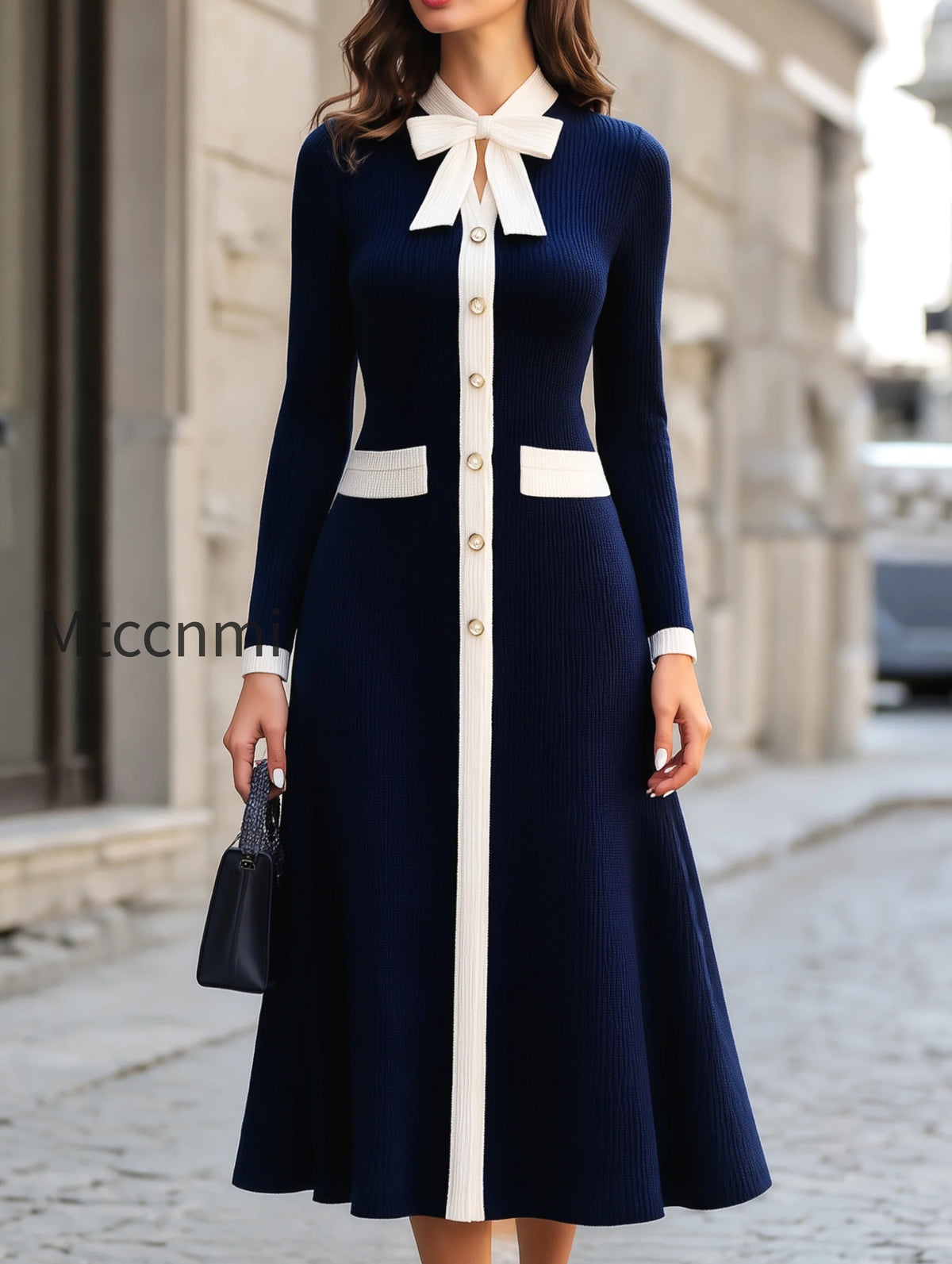 ribbed-knit-bow-collar-a-line-midi-dress