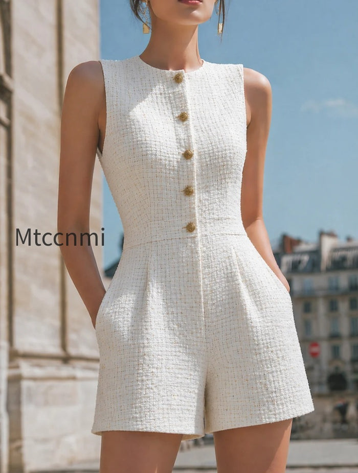 Sleeveless Bouclé Button-Front Tailored Short Jumpsuit