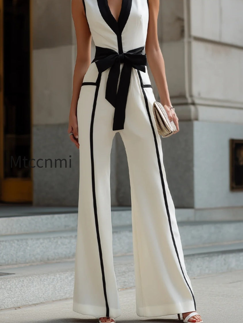 contrast-trim-belted-wide-leg-jumpsuit
