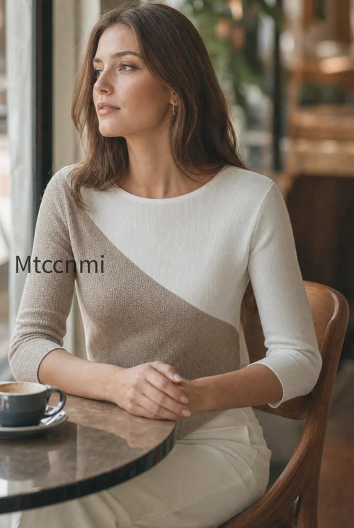 asymmetric-color-block-3-4-sleeve-knit-top