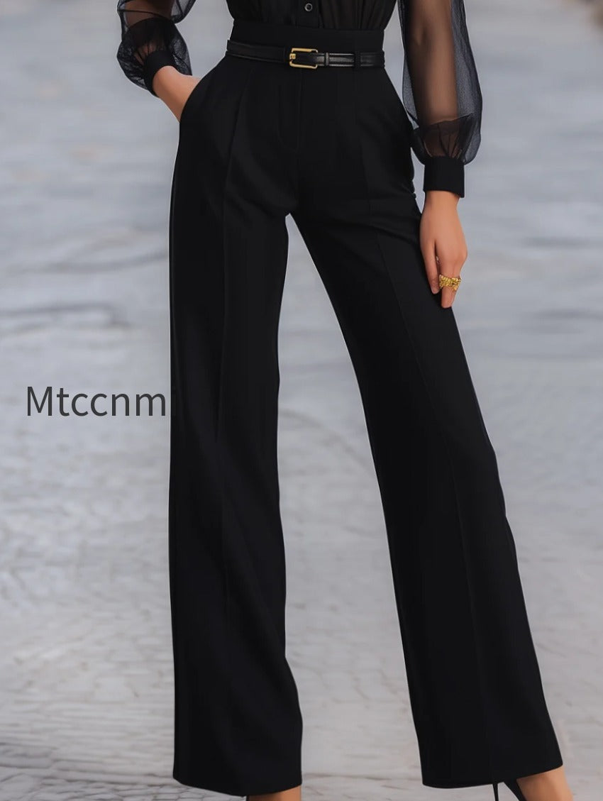 button-front-sheer-sleeve-tailored-wide-leg-jumpsuit