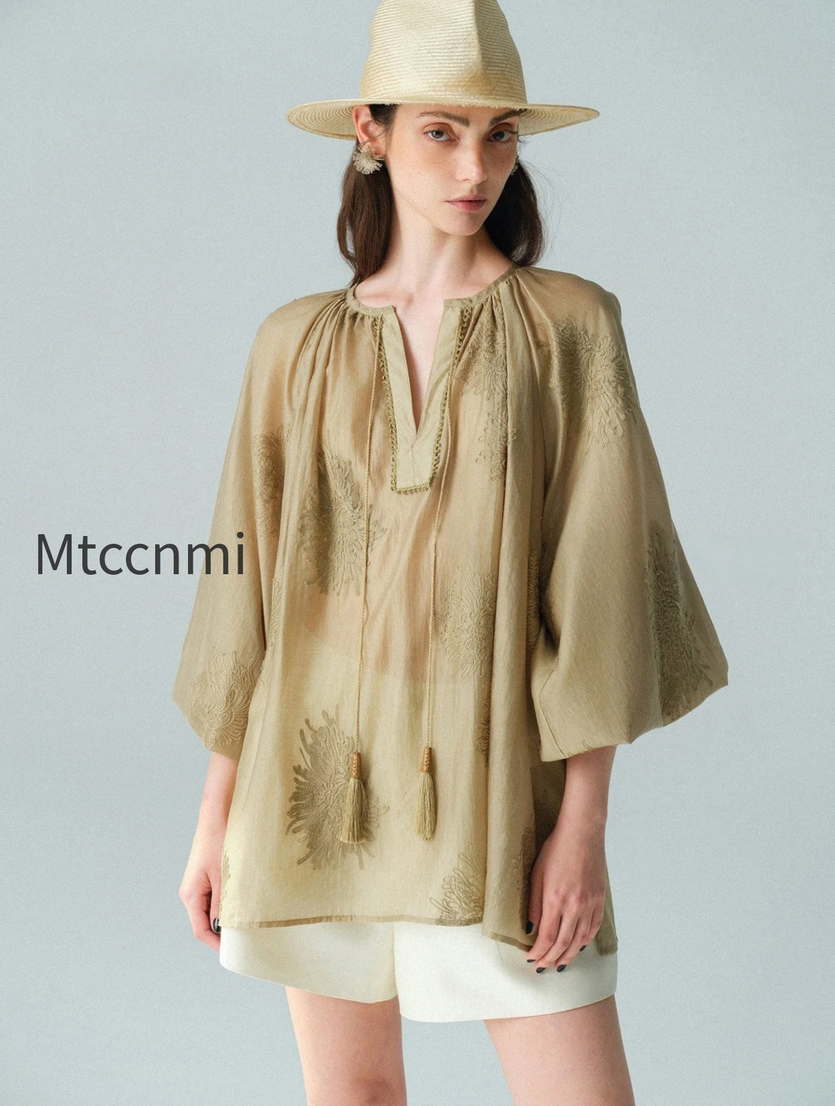 heavy-embroidered-lyocell-v-neck-blouse-lantern-sleeve-tassel-top